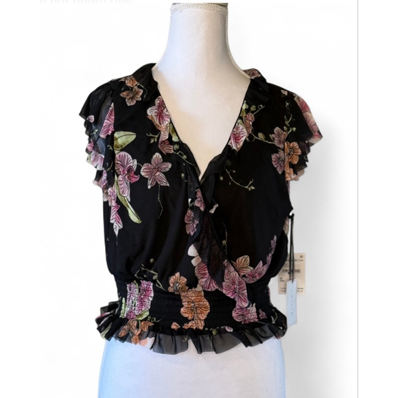 1. STATE Tops - 1.STATE NWT Black Floral Ruffle Sleeve Smocked Waist Blouse Medium